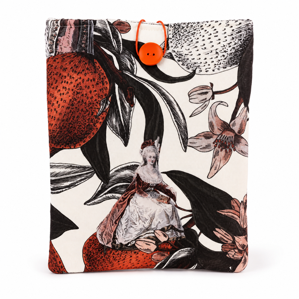 Funda de Libro Pompadour - loneta estampada con granadas y figuras del XVIII (anverso)
